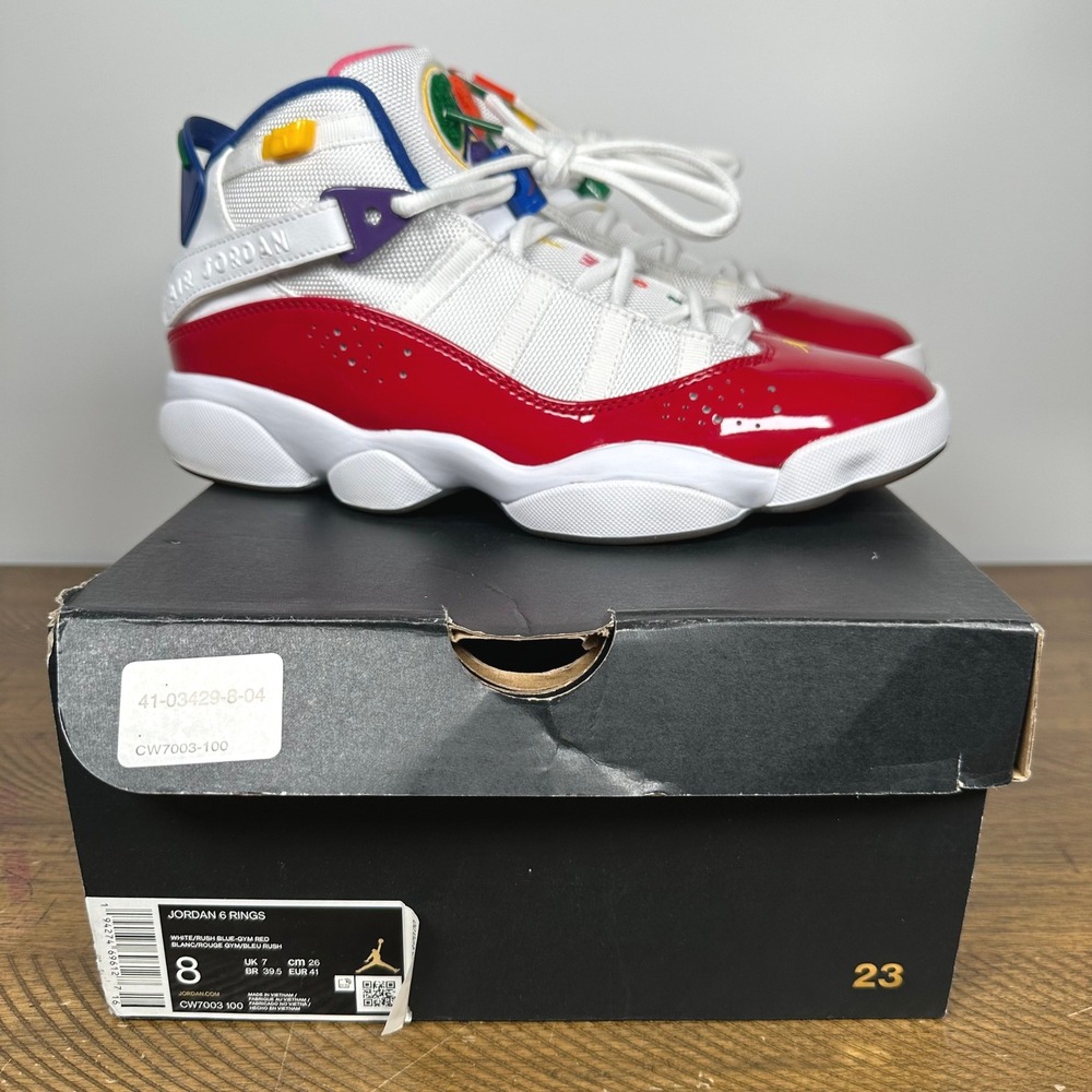 Air Jordan 6 Rings Shoes Mens 8 White Gym Red Multicolor Sneakers CW7003-100
